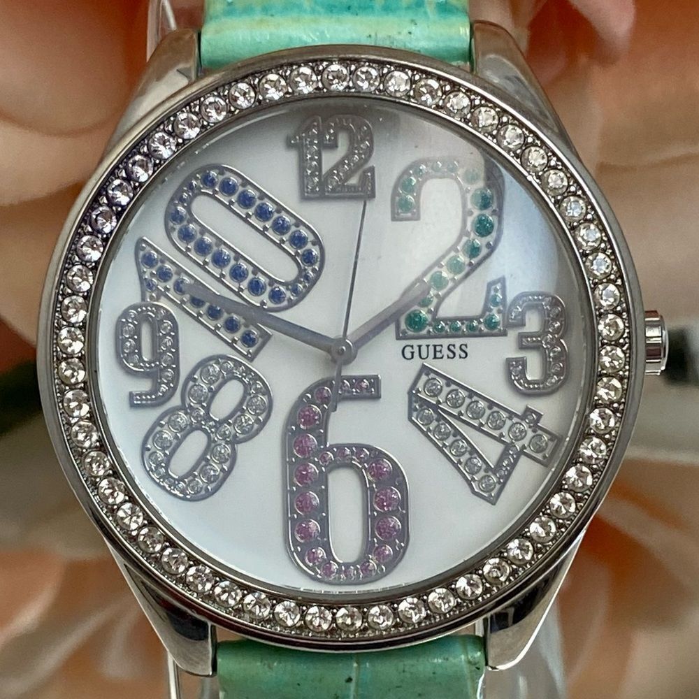 Guess Crystal Accented Bezel and Dial Large Face Watch with Leather Strap